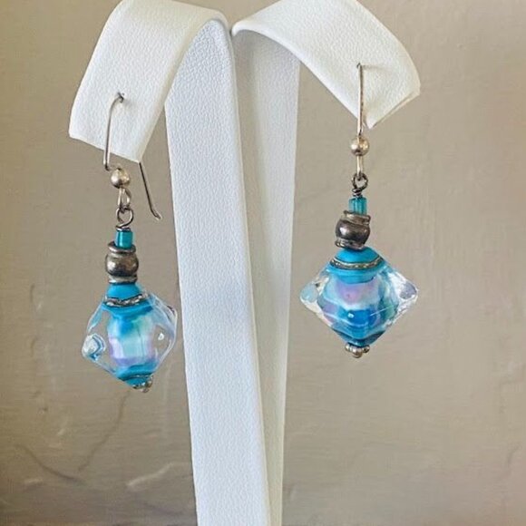 Murano Glass Drop Earrings Blue & Pink Sterling Silver Hooks Handcrafted  Jewelr - Picture 3 of 3